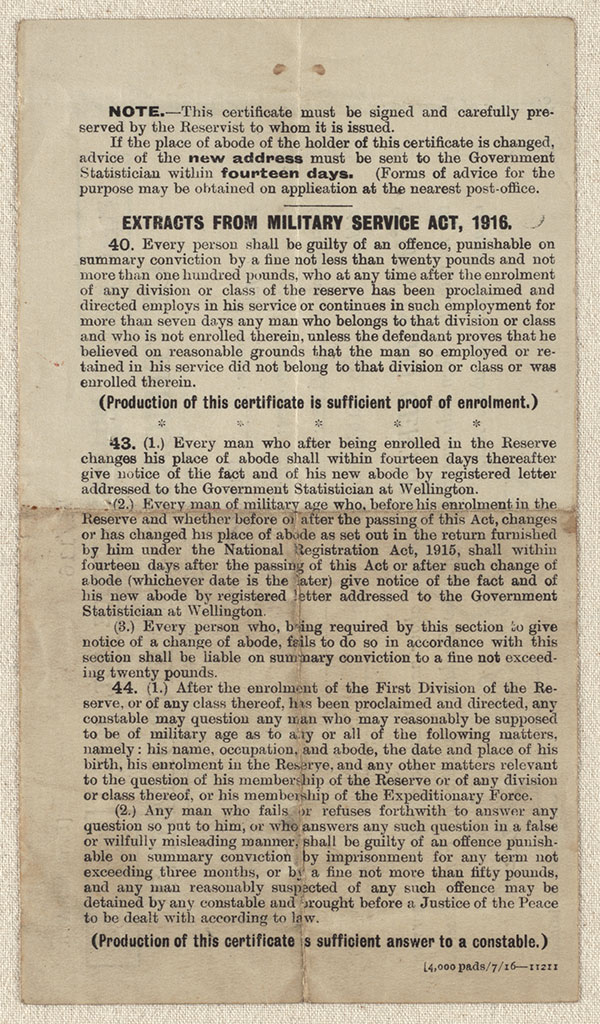 Image of Military Service Act, 1916. Certificate of enrolment, verso 23-12-1916