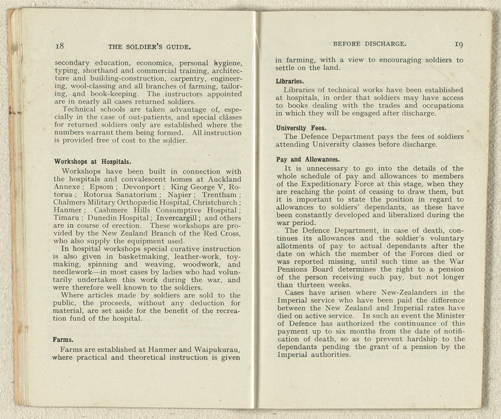 Image of The soldier's guide : containing full information as to the privileges and concessions available to soldiers overseas and in New Zealand before discharge and after discharge. [1919]