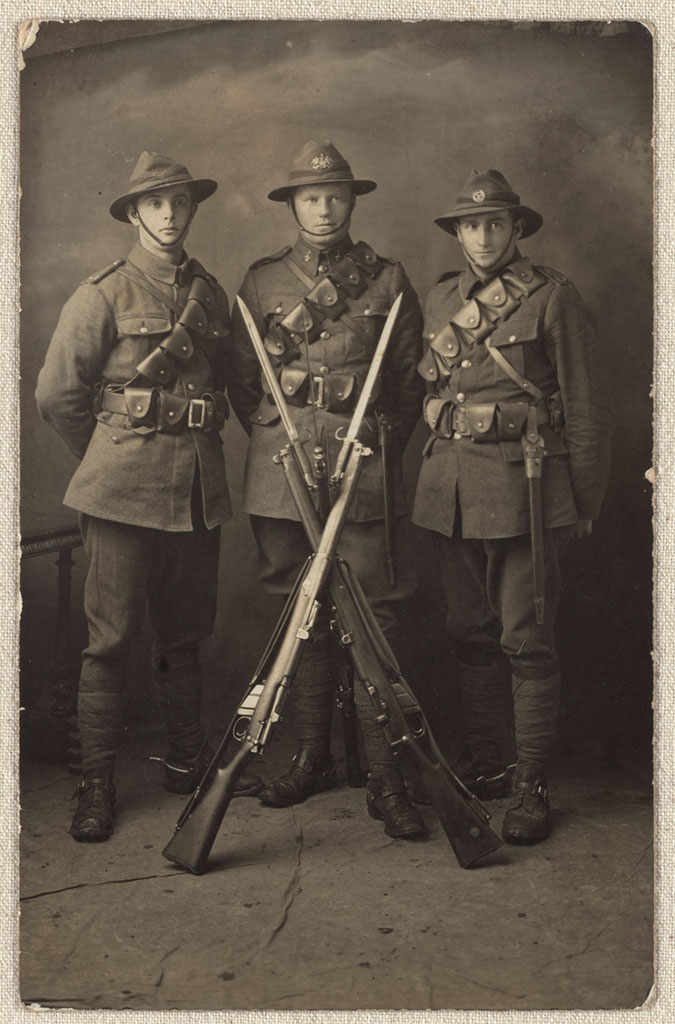 Image of Three soldiers, unidentified. 8th New Zealand Mounted Rifles. [circa 1910-1920]