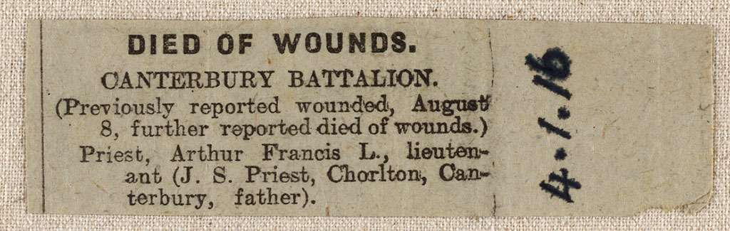 Image of Clipping. Died of wounds. 4/01/1916